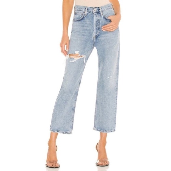 NWT AGOLDE 90s Crop Jeans Echo Blue High Rise Denim Light Wash Destroyed 27 - Picture 1 of 10